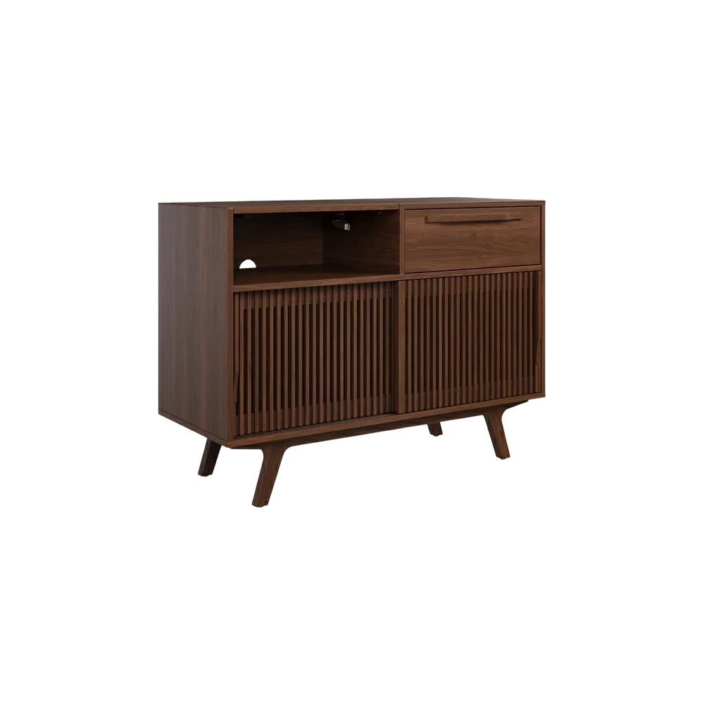 LUXORA Nordic Fluted Storage Cabinet - Solid Wood Sideboard with Drawer, Open Shelf & Double Sliding Doors, Raised Legs Console Unit - Walnut