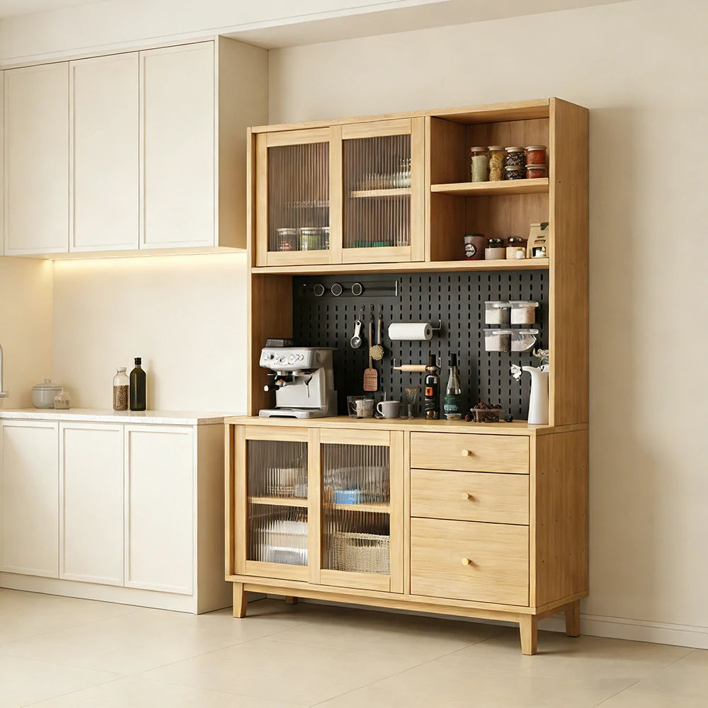 LUXORA 80/120/160cm Kitchen Hutch Cabinet - Tempered Glass Sliding Doors with Solid Pine Construction, Pegboard Storage & Modular Design - Wood