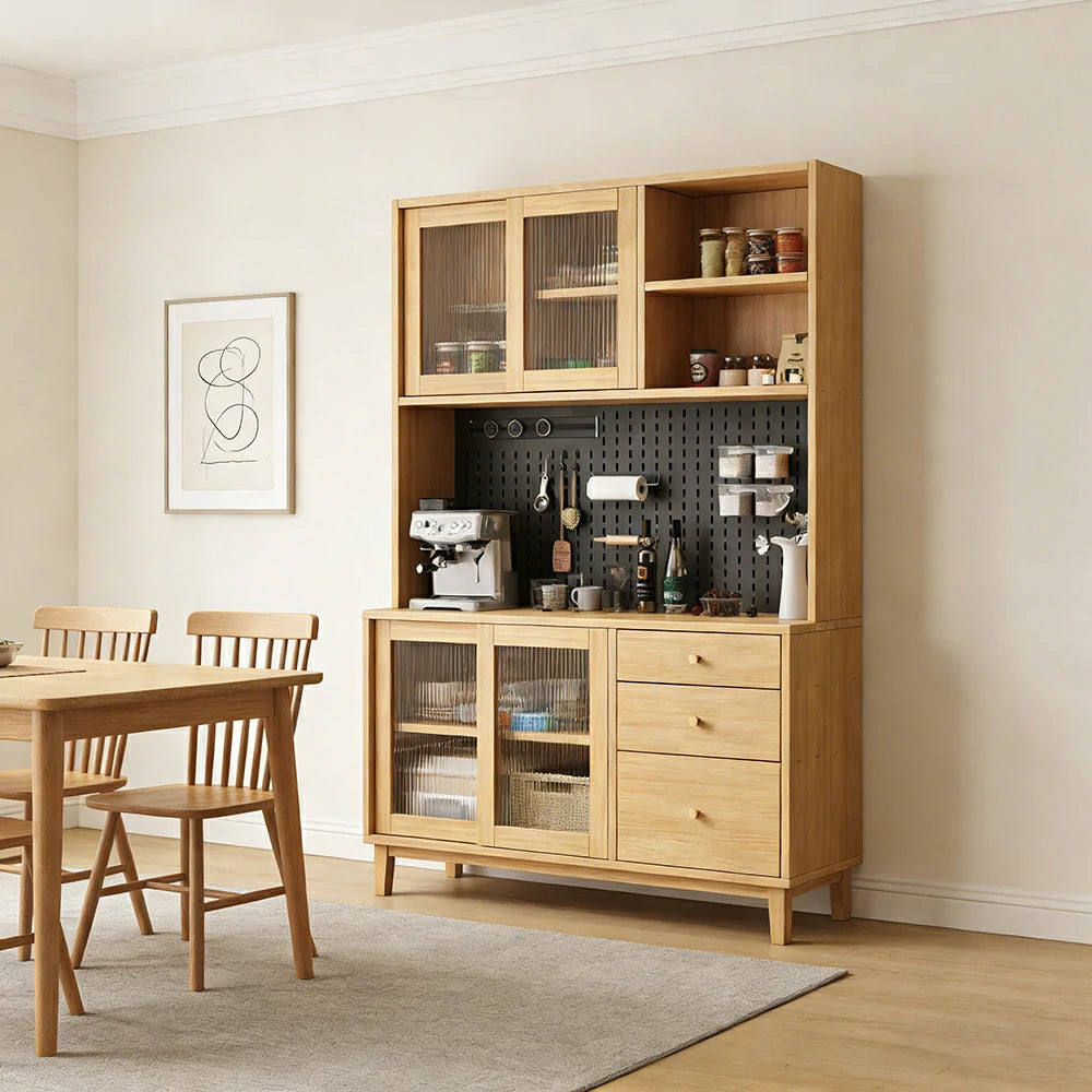 LUXORA 80/120/160cm Kitchen Hutch Cabinet - Tempered Glass Sliding Doors with Solid Pine Construction, Pegboard Storage & Modular Design - Wood