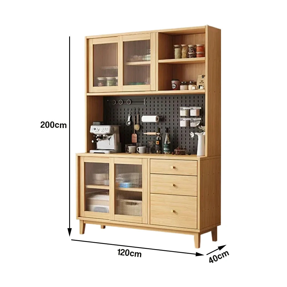 LUXORA 80/120/160cm Kitchen Hutch Cabinet - Tempered Glass Sliding Doors with Solid Pine Construction, Pegboard Storage & Modular Design - Wood