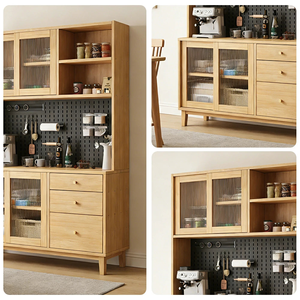 LUXORA 80/120/160cm Kitchen Hutch Cabinet - Tempered Glass Sliding Doors with Solid Pine Construction, Pegboard Storage & Modular Design - Wood