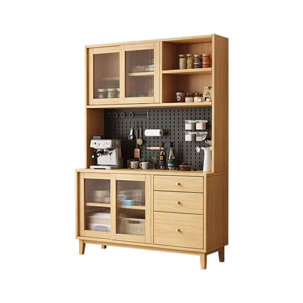 LUXORA 80/120/160cm Kitchen Hutch Cabinet - Tempered Glass Sliding Doors with Solid Pine Construction, Pegboard Storage & Modular Design - Wood
