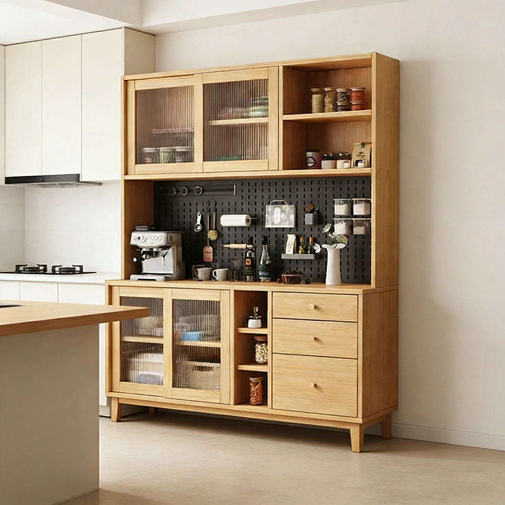 LUXORA 80/120/160cm Kitchen Hutch Cabinet - Tempered Glass Sliding Doors with Solid Pine Construction, Pegboard Storage & Modular Design - Wood