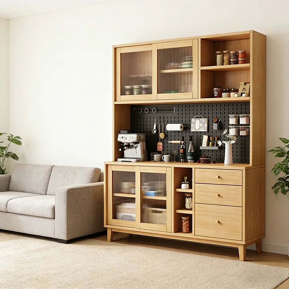 LUXORA 80/120/160cm Kitchen Hutch Cabinet - Tempered Glass Sliding Doors with Solid Pine Construction, Pegboard Storage & Modular Design - Wood