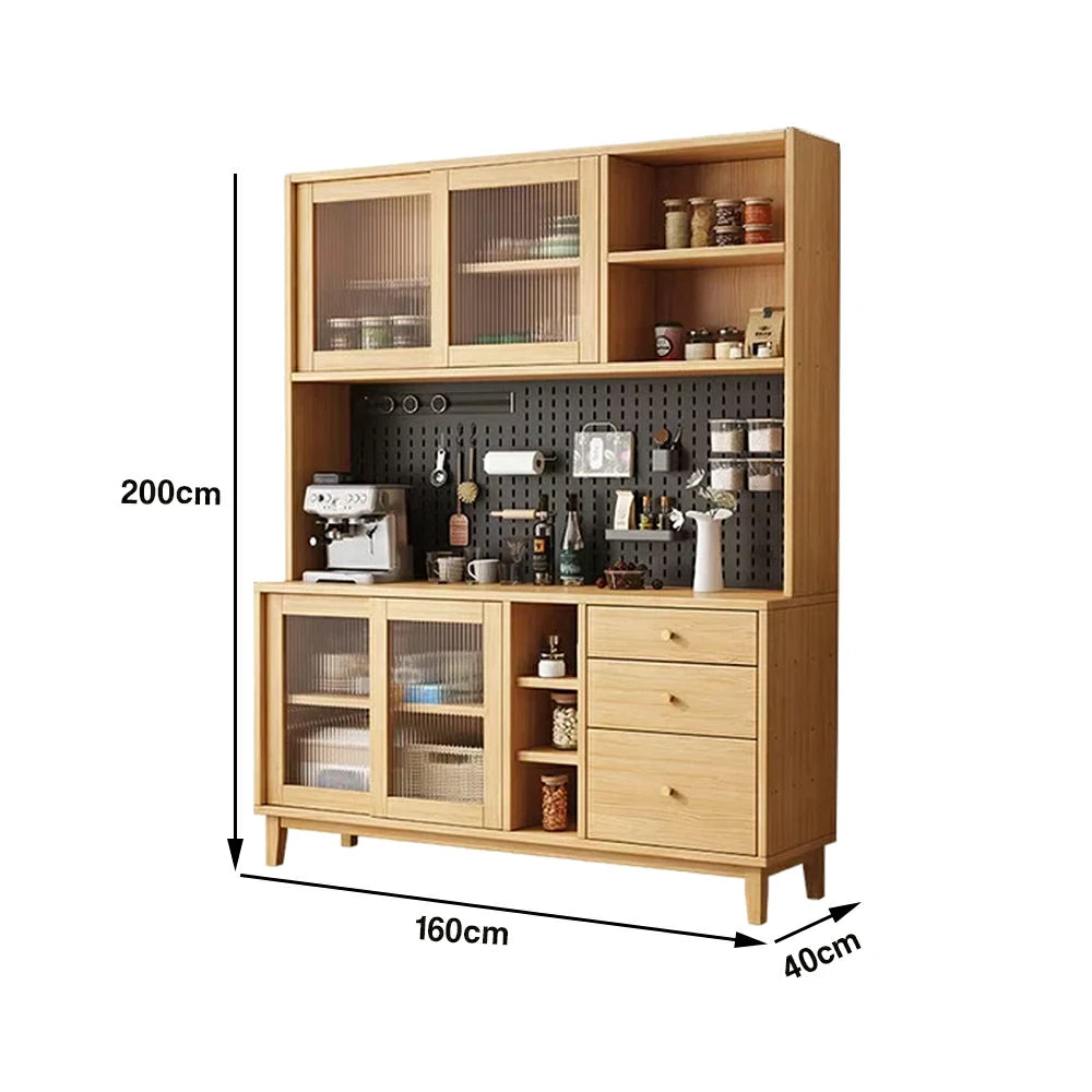 LUXORA 80/120/160cm Kitchen Hutch Cabinet - Tempered Glass Sliding Doors with Solid Pine Construction, Pegboard Storage & Modular Design - Wood