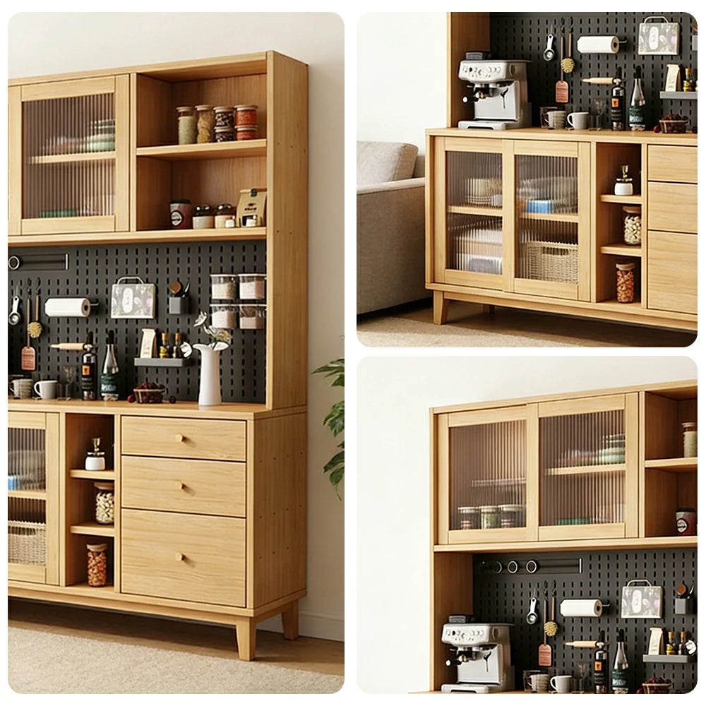 LUXORA 80/120/160cm Kitchen Hutch Cabinet - Tempered Glass Sliding Doors with Solid Pine Construction, Pegboard Storage & Modular Design - Wood