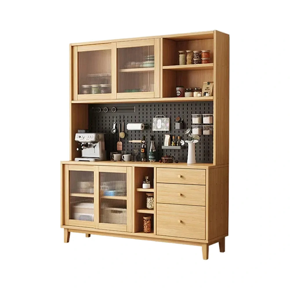 LUXORA 80/120/160cm Kitchen Hutch Cabinet - Tempered Glass Sliding Doors with Solid Pine Construction, Pegboard Storage & Modular Design - Wood