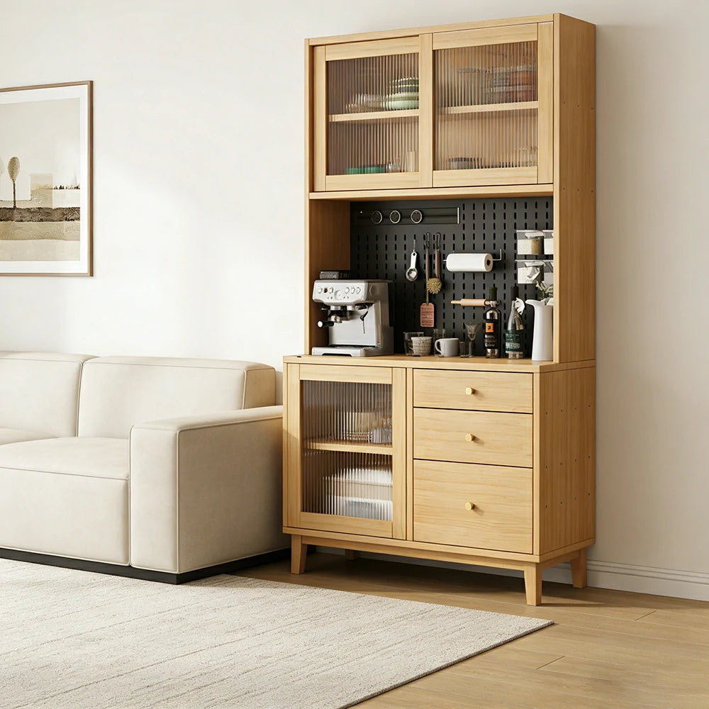 LUXORA 80/120/160cm Kitchen Hutch Cabinet - Tempered Glass Sliding Doors with Solid Pine Construction, Pegboard Storage & Modular Design - Wood