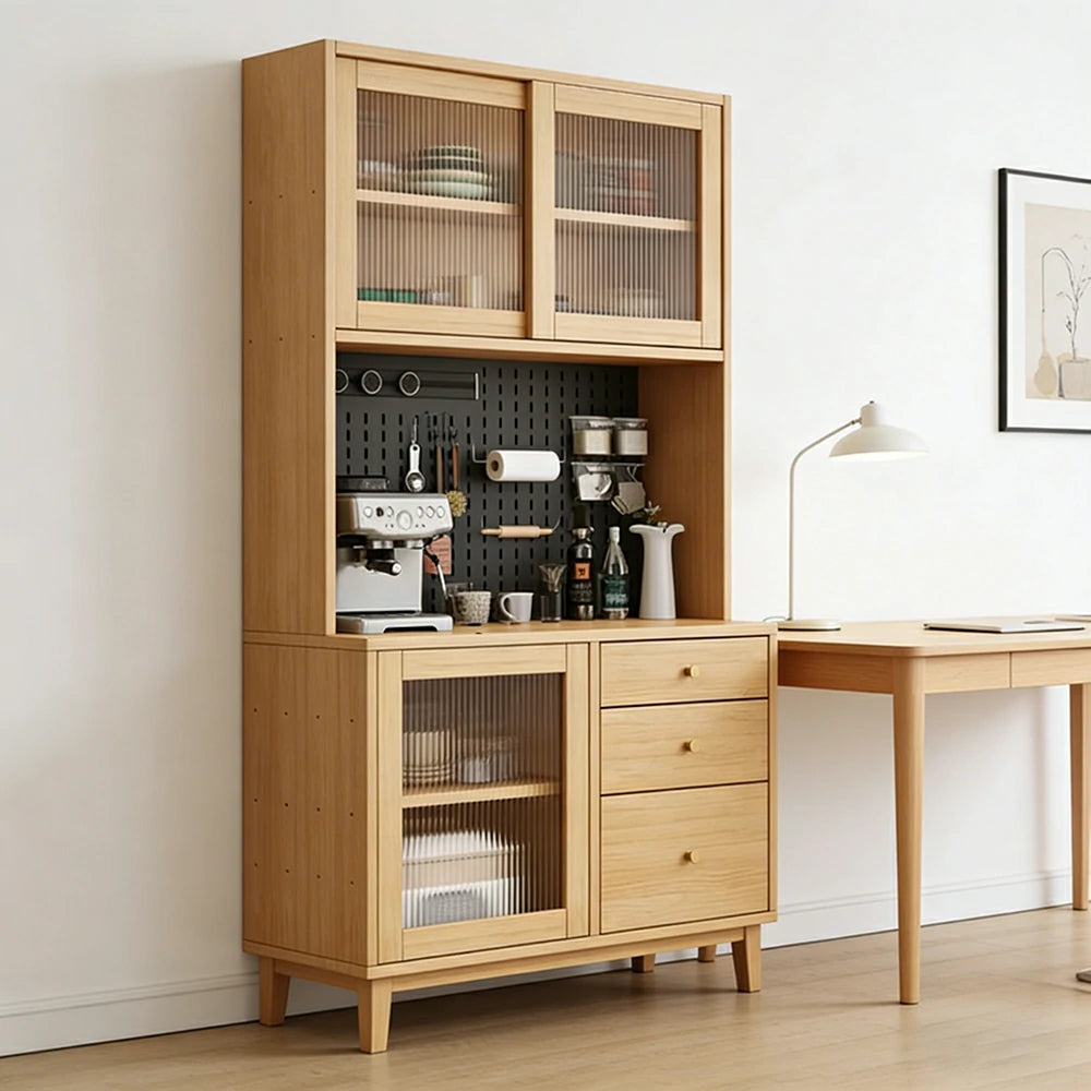 LUXORA 80/120/160cm Kitchen Hutch Cabinet - Tempered Glass Sliding Doors with Solid Pine Construction, Pegboard Storage & Modular Design - Wood