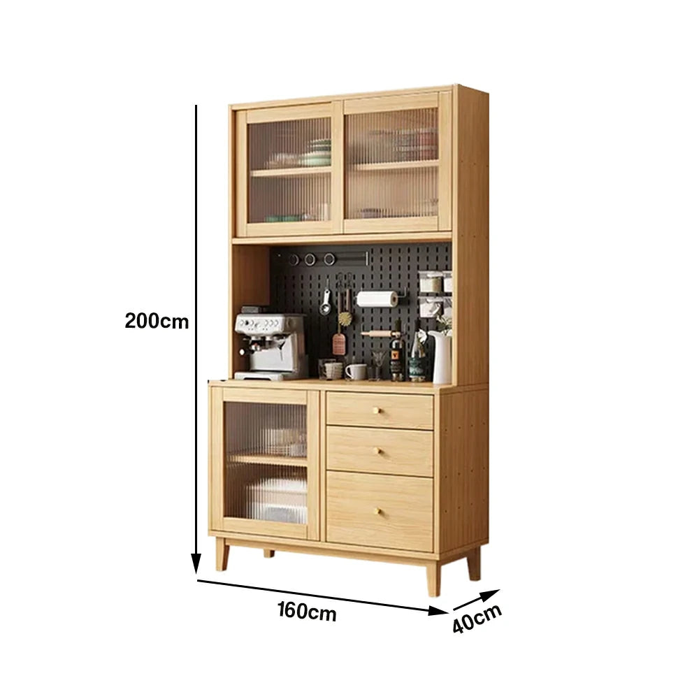 LUXORA 80/120/160cm Kitchen Hutch Cabinet - Tempered Glass Sliding Doors with Solid Pine Construction, Pegboard Storage & Modular Design - Wood