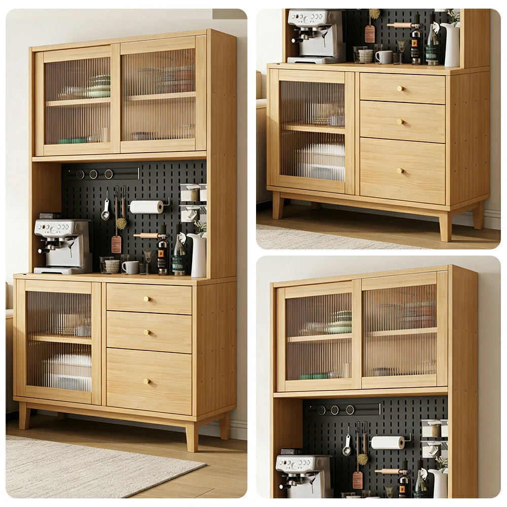 LUXORA 80/120/160cm Kitchen Hutch Cabinet - Tempered Glass Sliding Doors with Solid Pine Construction, Pegboard Storage & Modular Design - Wood