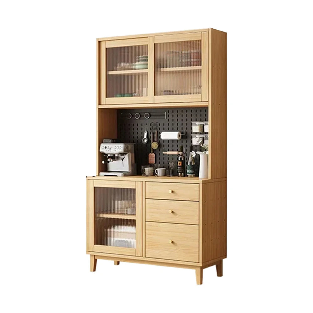 LUXORA 80/120/160cm Kitchen Hutch Cabinet - Tempered Glass Sliding Doors with Solid Pine Construction, Pegboard Storage & Modular Design - Wood