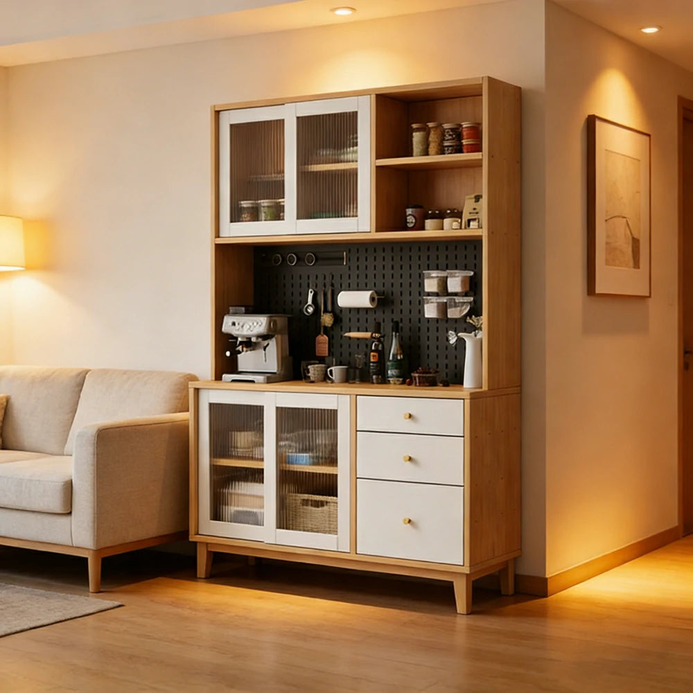 LUXORA 80/120/160cm Kitchen Hutch Cabinet - Tempered Glass Sliding Doors with Solid Pine Construction, Pegboard Storage & Modular Design - White