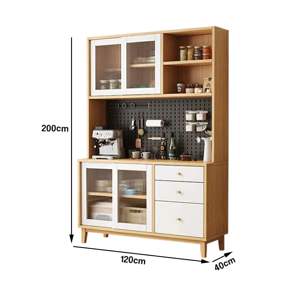 LUXORA 80/120/160cm Kitchen Hutch Cabinet - Tempered Glass Sliding Doors with Solid Pine Construction, Pegboard Storage & Modular Design - White