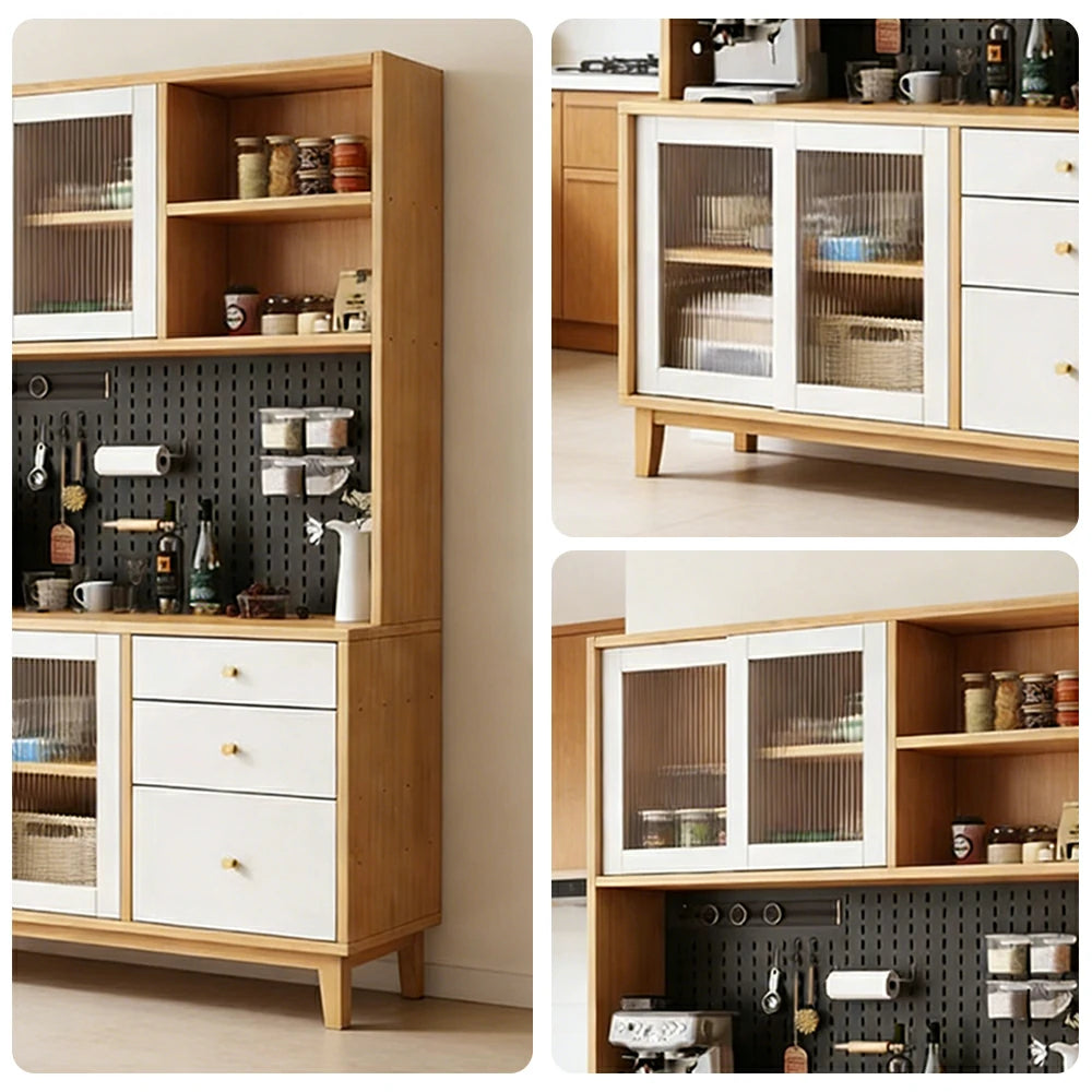 LUXORA 80/120/160cm Kitchen Hutch Cabinet - Tempered Glass Sliding Doors with Solid Pine Construction, Pegboard Storage & Modular Design - White