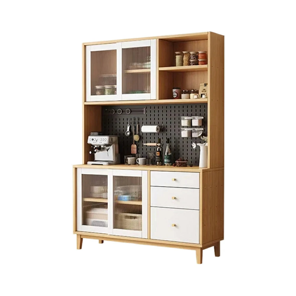 LUXORA 80/120/160cm Kitchen Hutch Cabinet - Tempered Glass Sliding Doors with Solid Pine Construction, Pegboard Storage & Modular Design - White