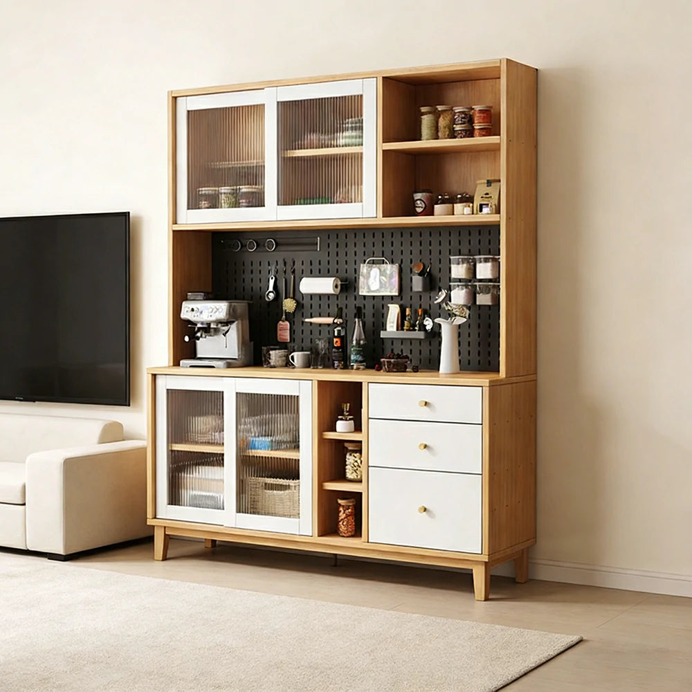 LUXORA 80/120/160cm Kitchen Hutch Cabinet - Tempered Glass Sliding Doors with Solid Pine Construction, Pegboard Storage & Modular Design - White