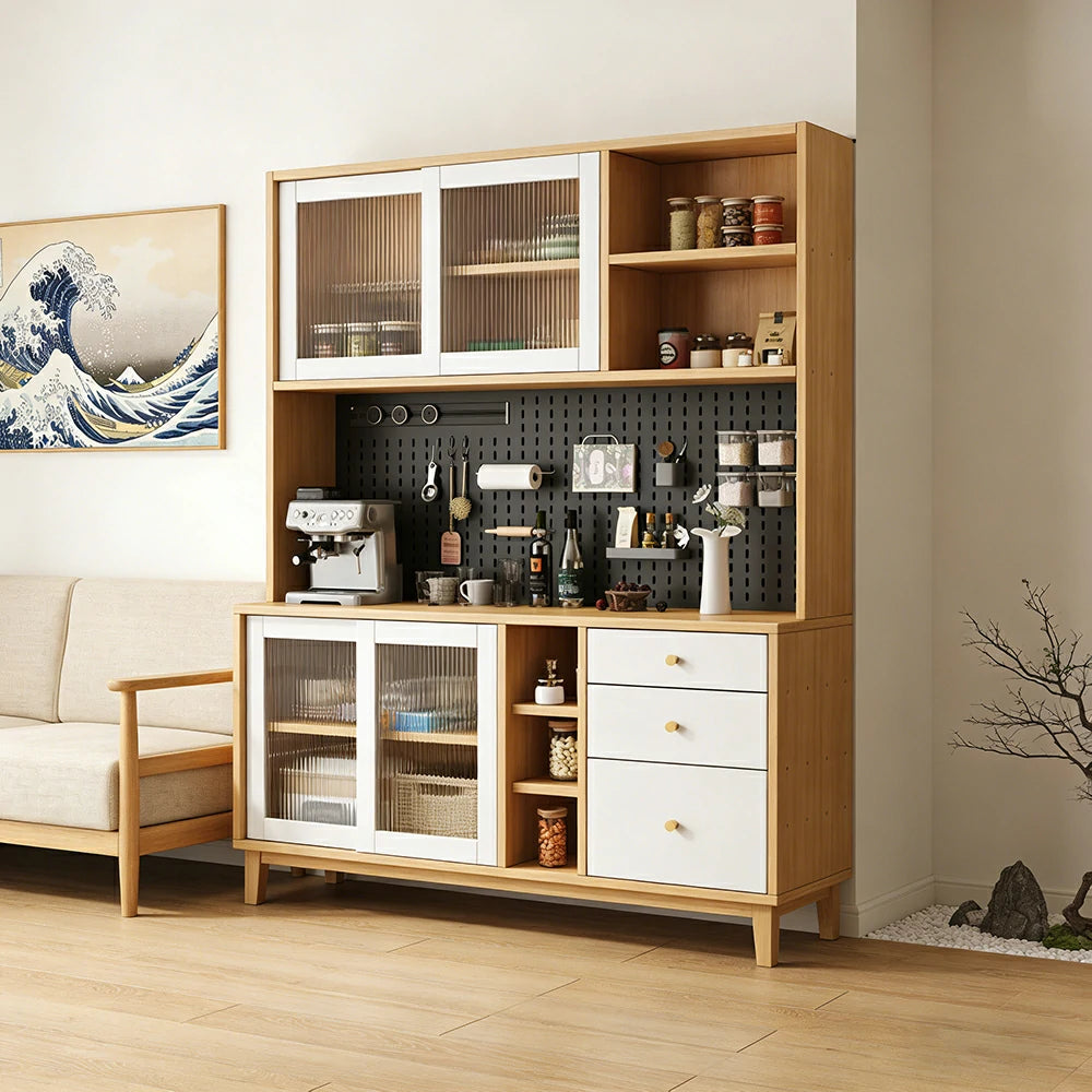 LUXORA 80/120/160cm Kitchen Hutch Cabinet - Tempered Glass Sliding Doors with Solid Pine Construction, Pegboard Storage & Modular Design - White