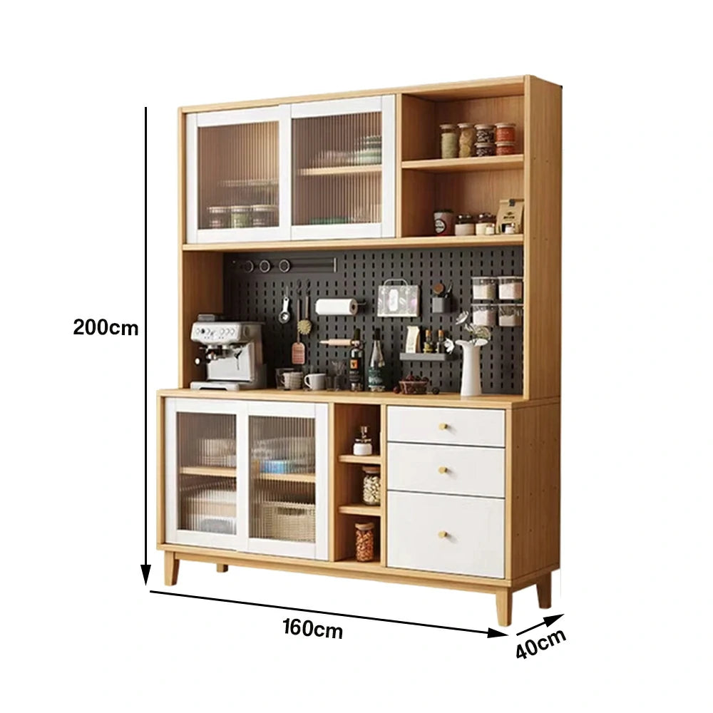 LUXORA 80/120/160cm Kitchen Hutch Cabinet - Tempered Glass Sliding Doors with Solid Pine Construction, Pegboard Storage & Modular Design - White