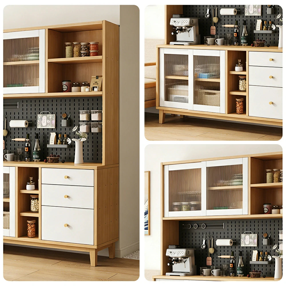 LUXORA 80/120/160cm Kitchen Hutch Cabinet - Tempered Glass Sliding Doors with Solid Pine Construction, Pegboard Storage & Modular Design - White