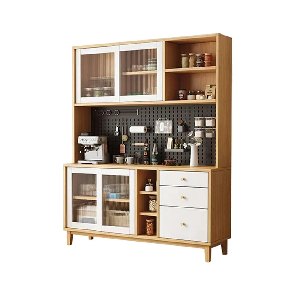 LUXORA 80/120/160cm Kitchen Hutch Cabinet - Tempered Glass Sliding Doors with Solid Pine Construction, Pegboard Storage & Modular Design - White