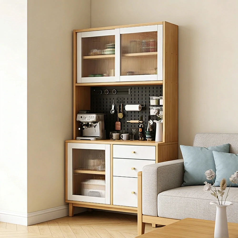 LUXORA 80/120/160cm Kitchen Hutch Cabinet - Tempered Glass Sliding Doors with Solid Pine Construction, Pegboard Storage & Modular Design - White