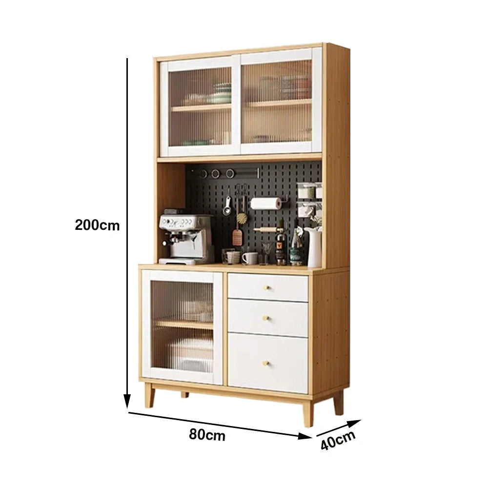 LUXORA 80/120/160cm Kitchen Hutch Cabinet - Tempered Glass Sliding Doors with Solid Pine Construction, Pegboard Storage & Modular Design - White