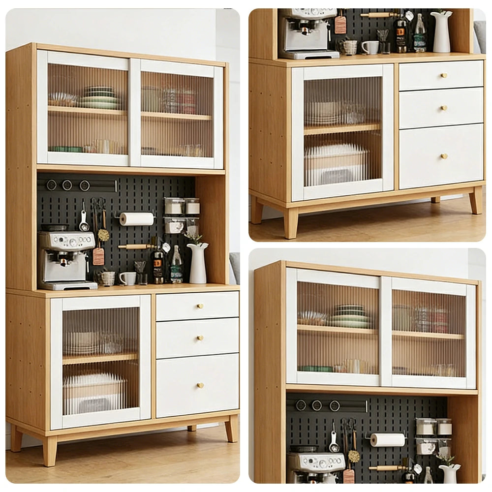 LUXORA 80/120/160cm Kitchen Hutch Cabinet - Tempered Glass Sliding Doors with Solid Pine Construction, Pegboard Storage & Modular Design - White