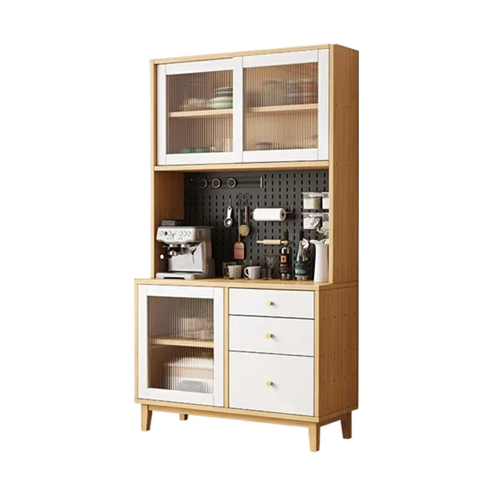 LUXORA 80/120/160cm Kitchen Hutch Cabinet - Tempered Glass Sliding Doors with Solid Pine Construction, Pegboard Storage & Modular Design - White