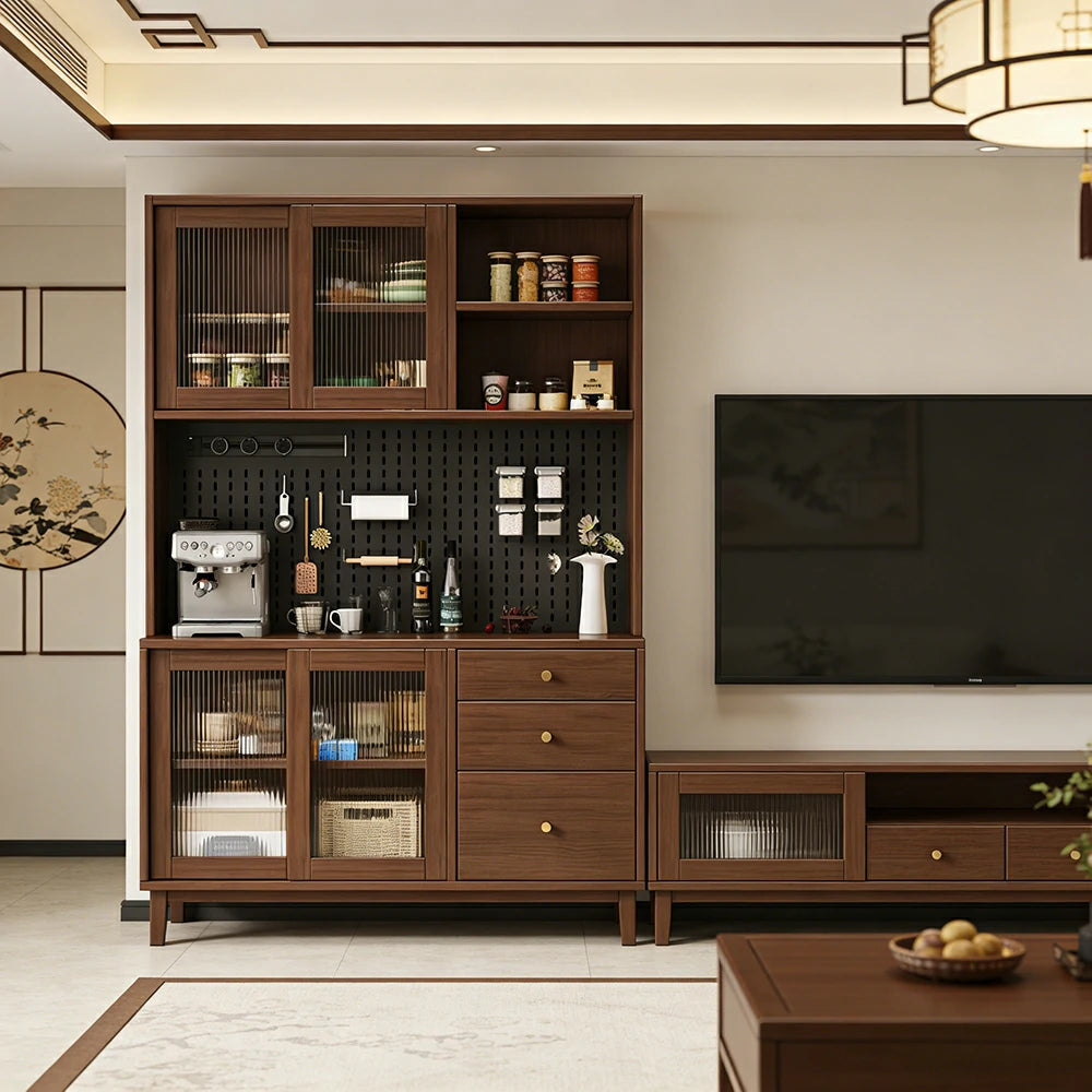 LUXORA 80/120/160cm Kitchen Hutch Cabinet - Tempered Glass Sliding Doors with Solid Pine Construction, Pegboard Storage & Modular Design - Walnut