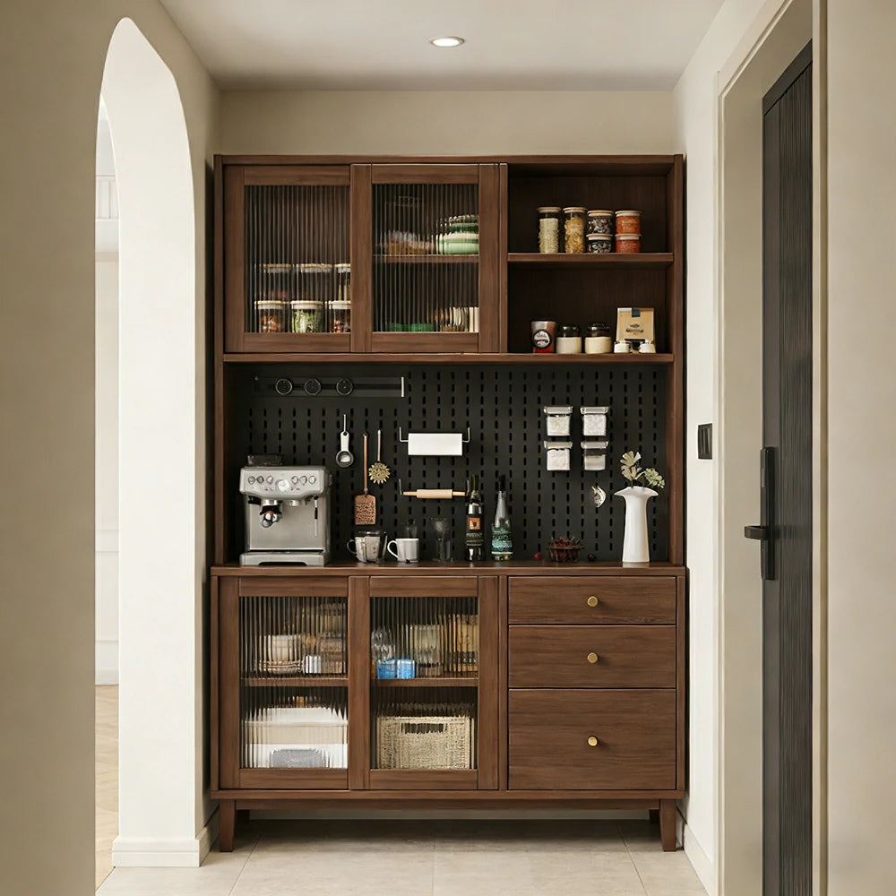 LUXORA 80/120/160cm Kitchen Hutch Cabinet - Tempered Glass Sliding Doors with Solid Pine Construction, Pegboard Storage & Modular Design - Walnut