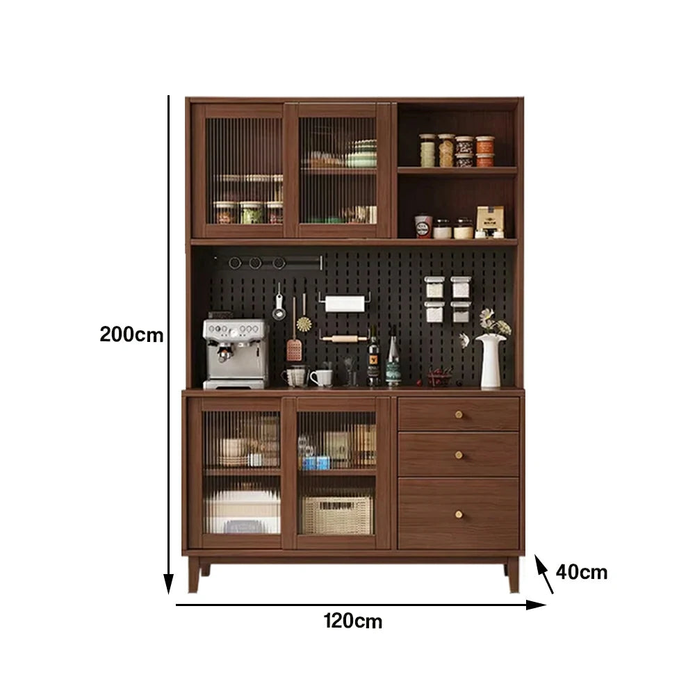 LUXORA 80/120/160cm Kitchen Hutch Cabinet - Tempered Glass Sliding Doors with Solid Pine Construction, Pegboard Storage & Modular Design - Walnut