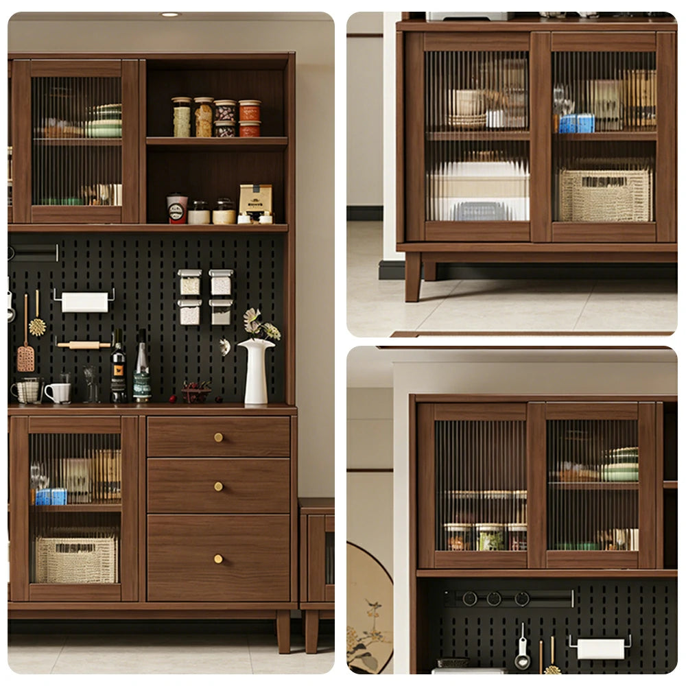 LUXORA 80/120/160cm Kitchen Hutch Cabinet - Tempered Glass Sliding Doors with Solid Pine Construction, Pegboard Storage & Modular Design - Walnut