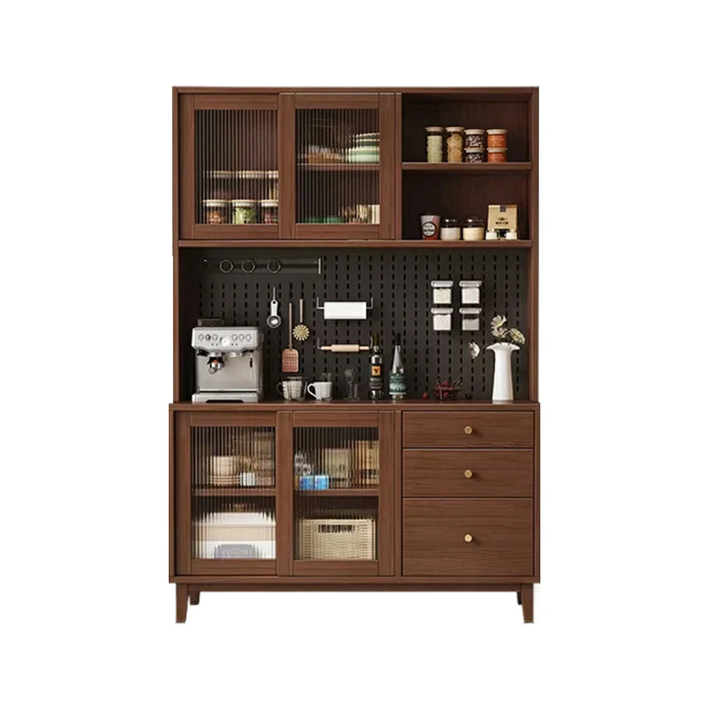 LUXORA 80/120/160cm Kitchen Hutch Cabinet - Tempered Glass Sliding Doors with Solid Pine Construction, Pegboard Storage & Modular Design - Walnut