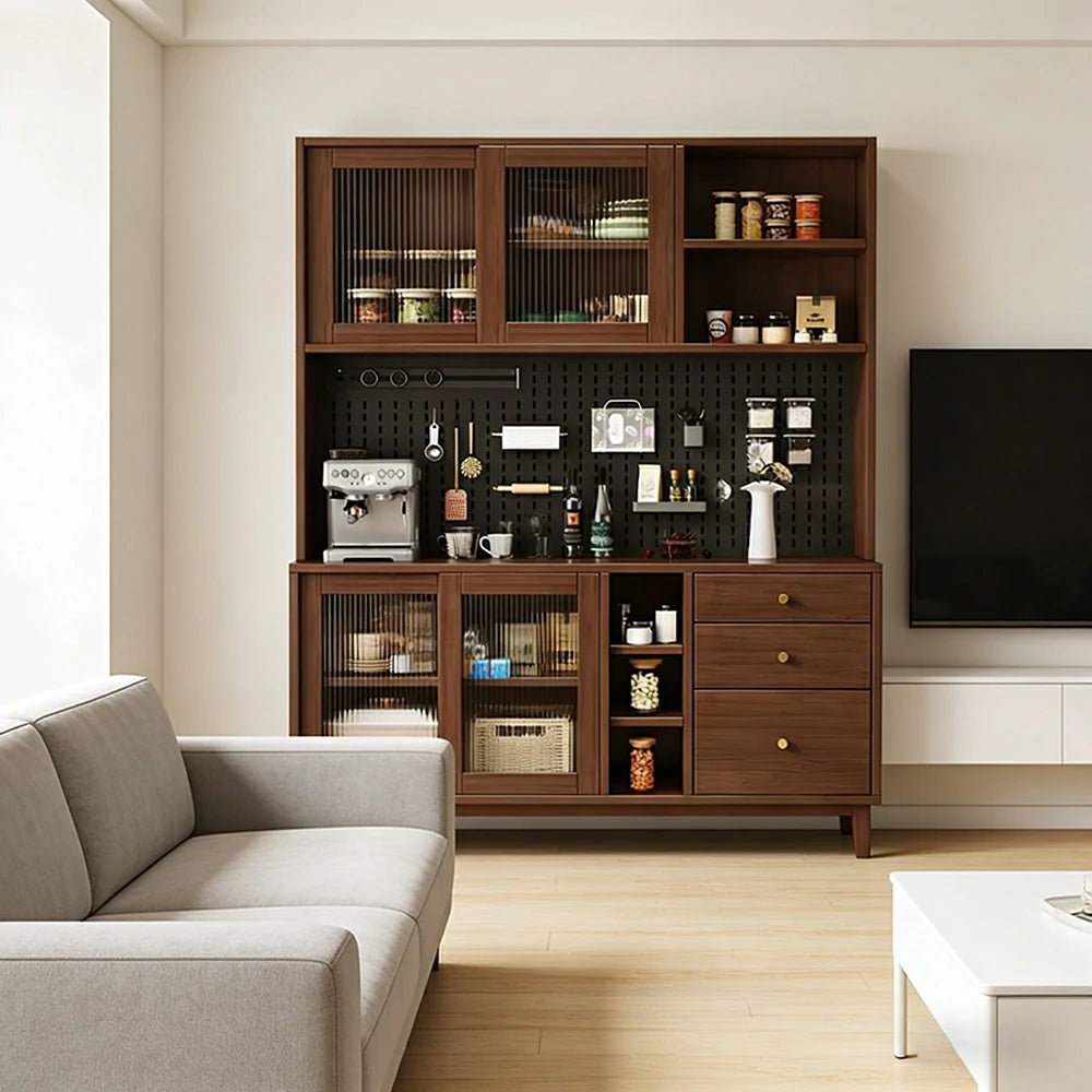 LUXORA 80/120/160cm Kitchen Hutch Cabinet - Tempered Glass Sliding Doors with Solid Pine Construction, Pegboard Storage & Modular Design - Walnut