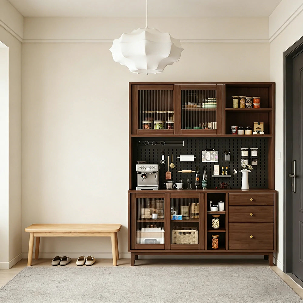 LUXORA 80/120/160cm Kitchen Hutch Cabinet - Tempered Glass Sliding Doors with Solid Pine Construction, Pegboard Storage & Modular Design - Walnut