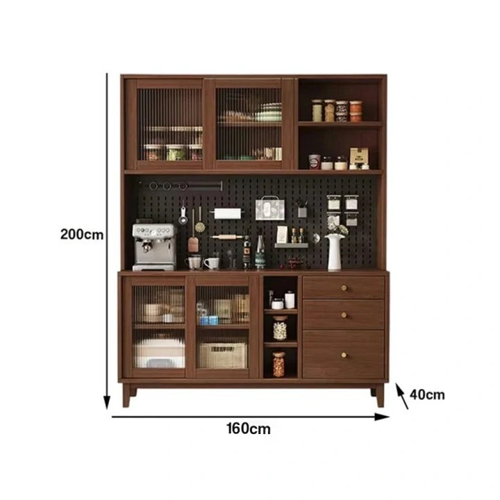 LUXORA 80/120/160cm Kitchen Hutch Cabinet - Tempered Glass Sliding Doors with Solid Pine Construction, Pegboard Storage & Modular Design - Walnut