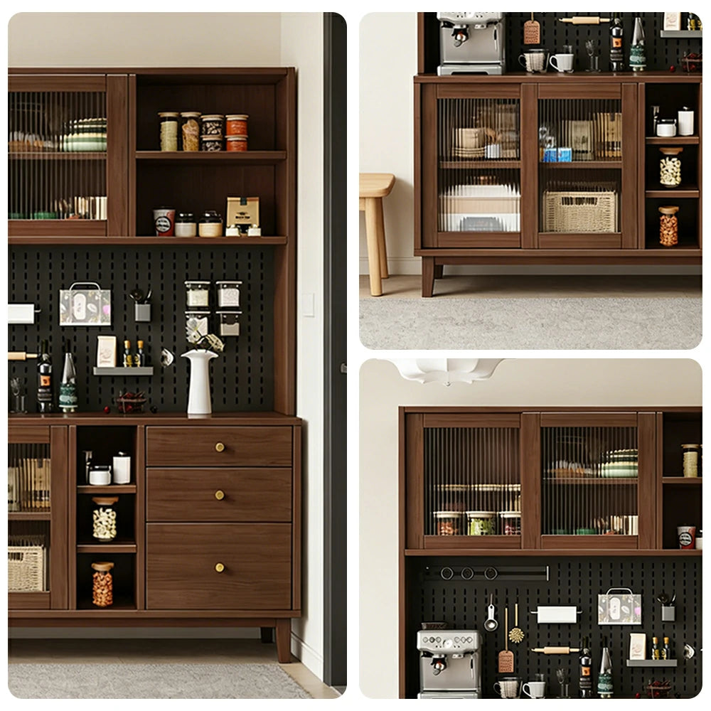 LUXORA 80/120/160cm Kitchen Hutch Cabinet - Tempered Glass Sliding Doors with Solid Pine Construction, Pegboard Storage & Modular Design - Walnut