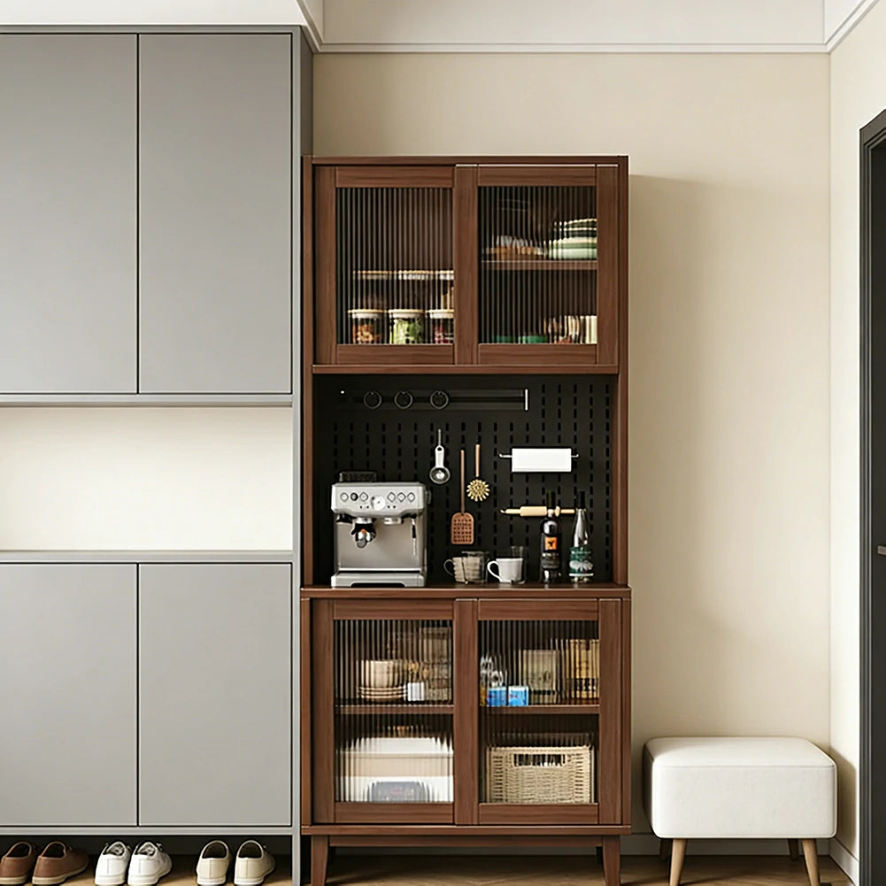 LUXORA 80/120/160cm Kitchen Hutch Cabinet - Tempered Glass Sliding Doors with Solid Pine Construction, Pegboard Storage & Modular Design - Walnut