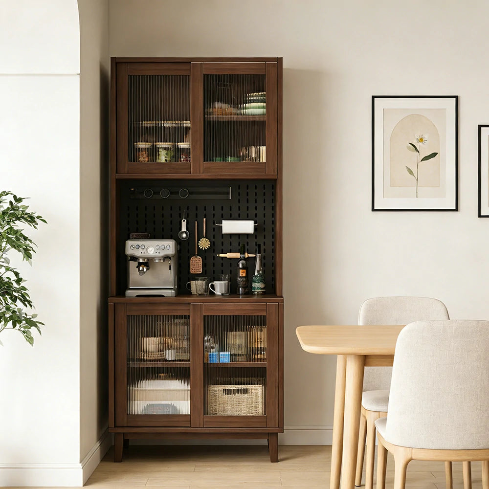 LUXORA 80/120/160cm Kitchen Hutch Cabinet - Tempered Glass Sliding Doors with Solid Pine Construction, Pegboard Storage & Modular Design - Walnut