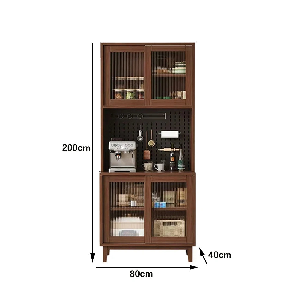 LUXORA 80/120/160cm Kitchen Hutch Cabinet - Tempered Glass Sliding Doors with Solid Pine Construction, Pegboard Storage & Modular Design - Walnut