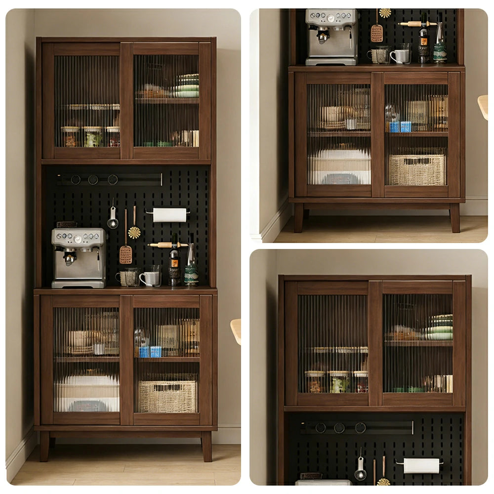 LUXORA 80/120/160cm Kitchen Hutch Cabinet - Tempered Glass Sliding Doors with Solid Pine Construction, Pegboard Storage & Modular Design - Walnut