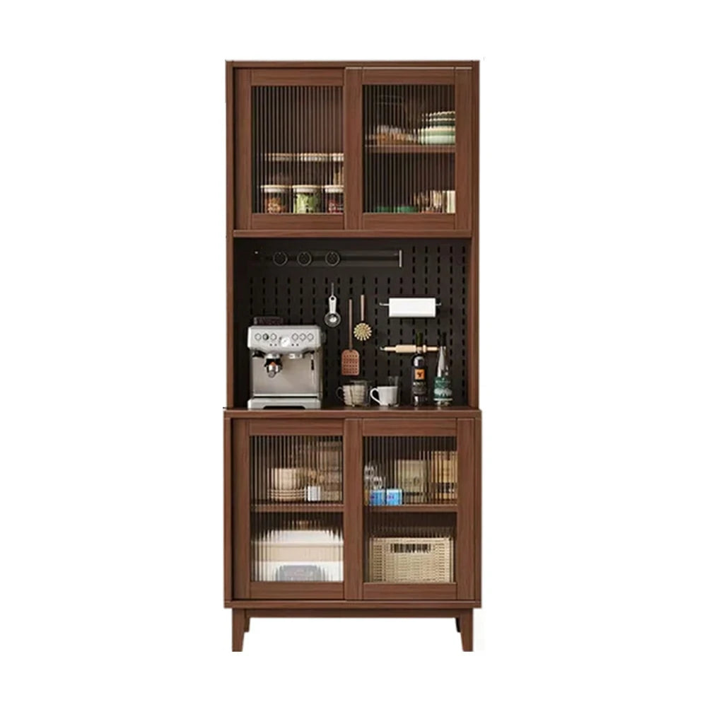 LUXORA 80/120/160cm Kitchen Hutch Cabinet - Tempered Glass Sliding Doors with Solid Pine Construction, Pegboard Storage & Modular Design - Walnut