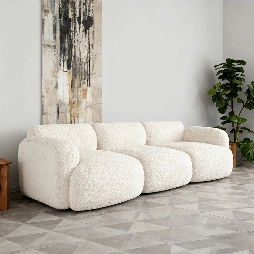 LUXORA Sofa High-Density Memory Foam Faux Lambswool Upholstery Russian Larch Wood Frame Modern Style - White