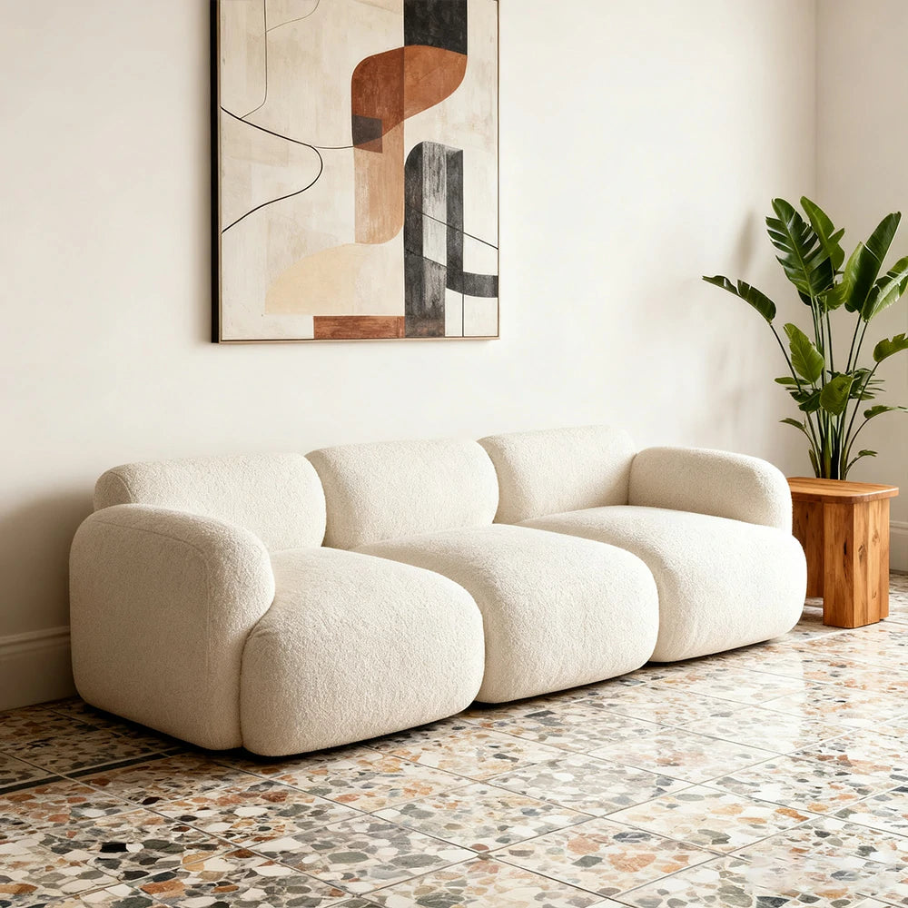 LUXORA Sofa High-Density Memory Foam Faux Lambswool Upholstery Russian Larch Wood Frame Modern Style - White