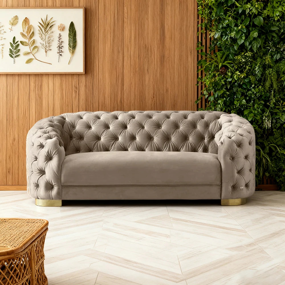 LUXORA Modern Sofa Soft Velvet Fabric Gold Stainless Steel Legs High-Density Foam Filling Curved Backrest - Beige