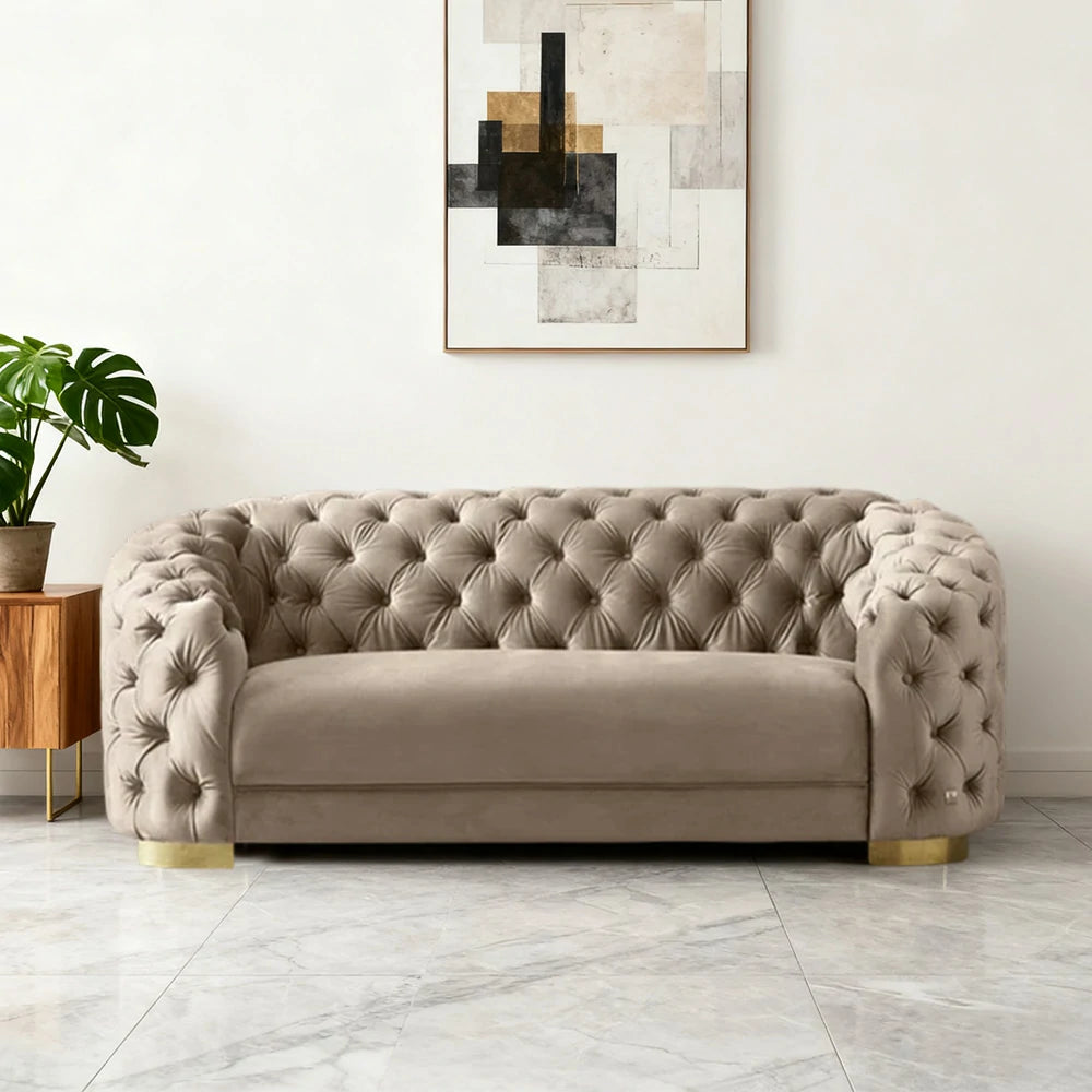 LUXORA Modern Sofa Soft Velvet Fabric Gold Stainless Steel Legs High-Density Foam Filling Curved Backrest - Beige