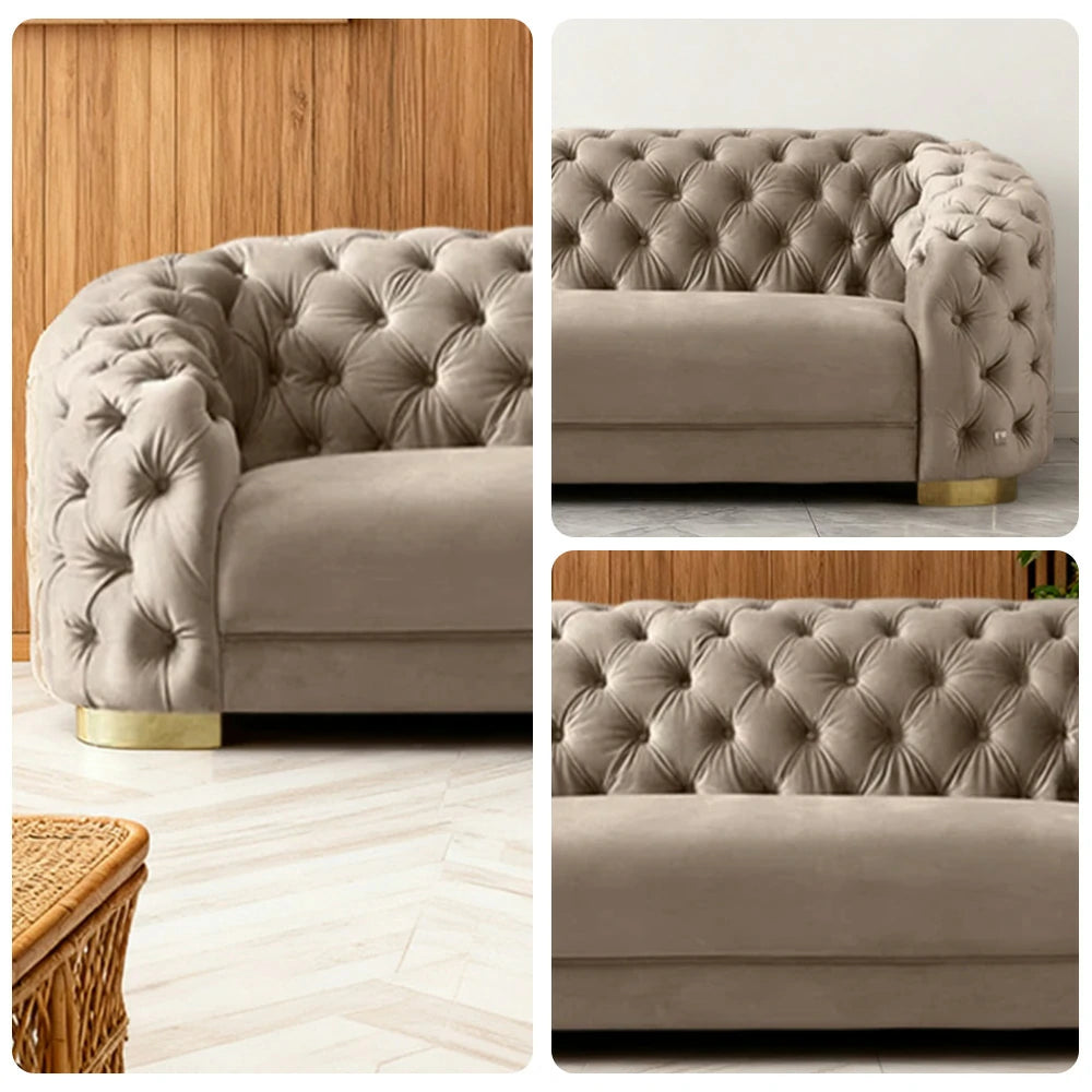 LUXORA Modern Sofa Soft Velvet Fabric Gold Stainless Steel Legs High-Density Foam Filling Curved Backrest - Beige