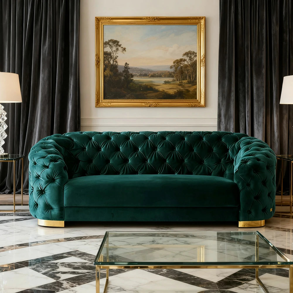 LUXORA Modern Sofa Soft Velvet Fabric Gold Stainless Steel Legs High-Density Foam Filling Curved Backrest - Blue