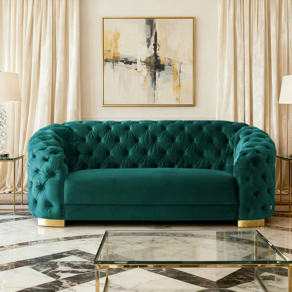 LUXORA Modern Sofa Soft Velvet Fabric Gold Stainless Steel Legs High-Density Foam Filling Curved Backrest - Blue